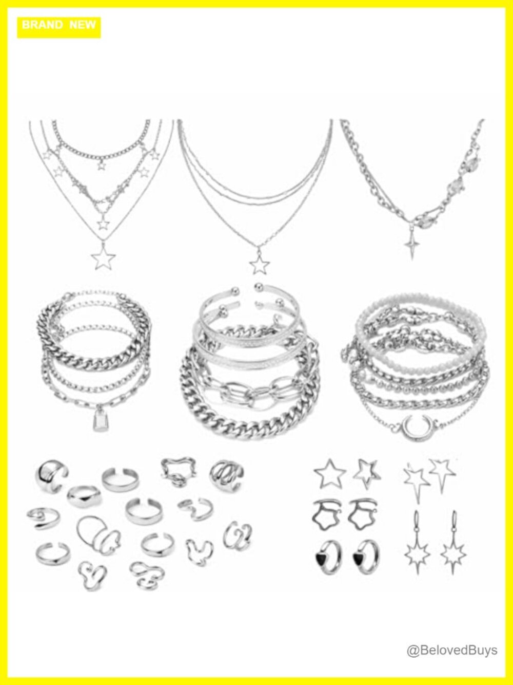 Silver Jewelry Set 42 Pcs Y2K Necklace Bracelet Ring Earring Women